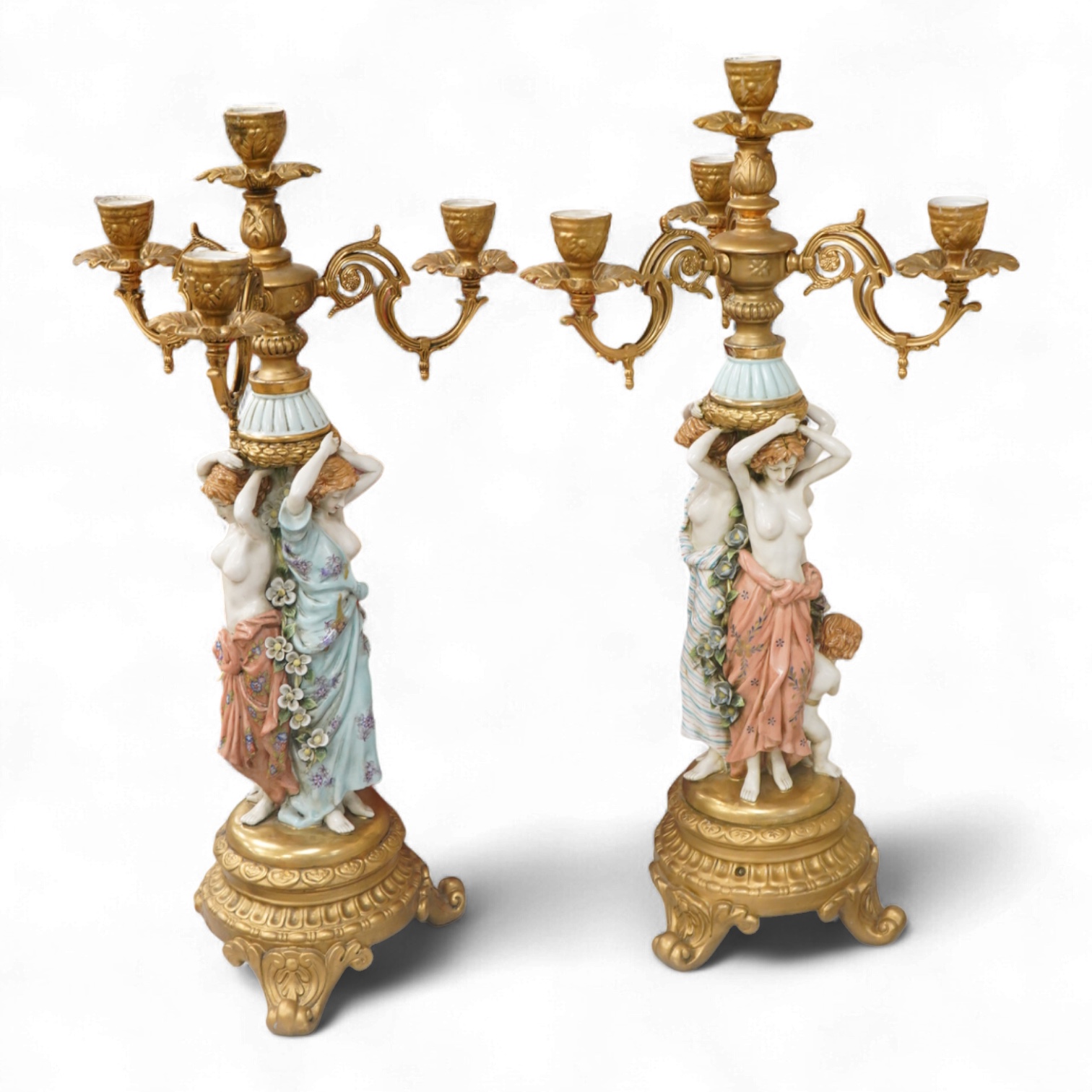 A pair of mid 20th century Italian porcelain and gilt metal mounted figural candelabra- 69cm high